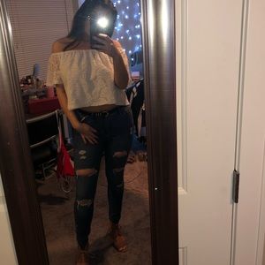 White floral lace off the shoulder crop top